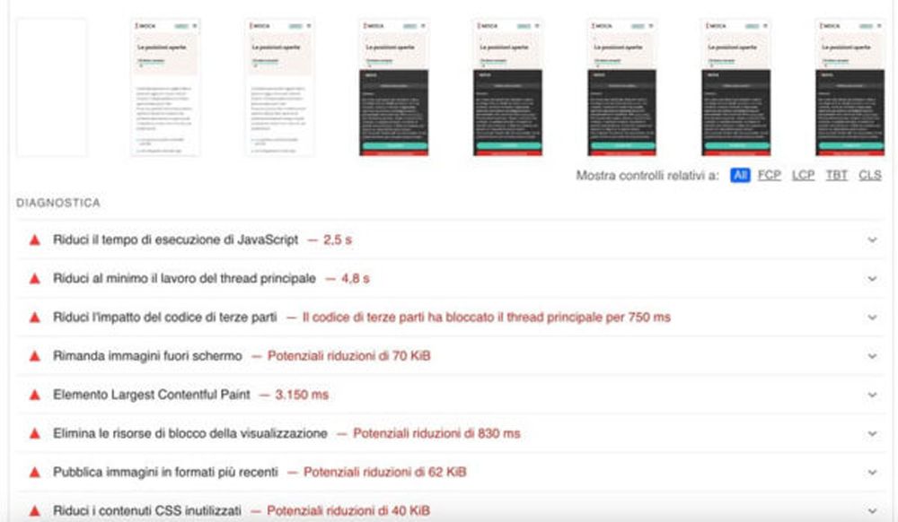 risultati page speed insight
